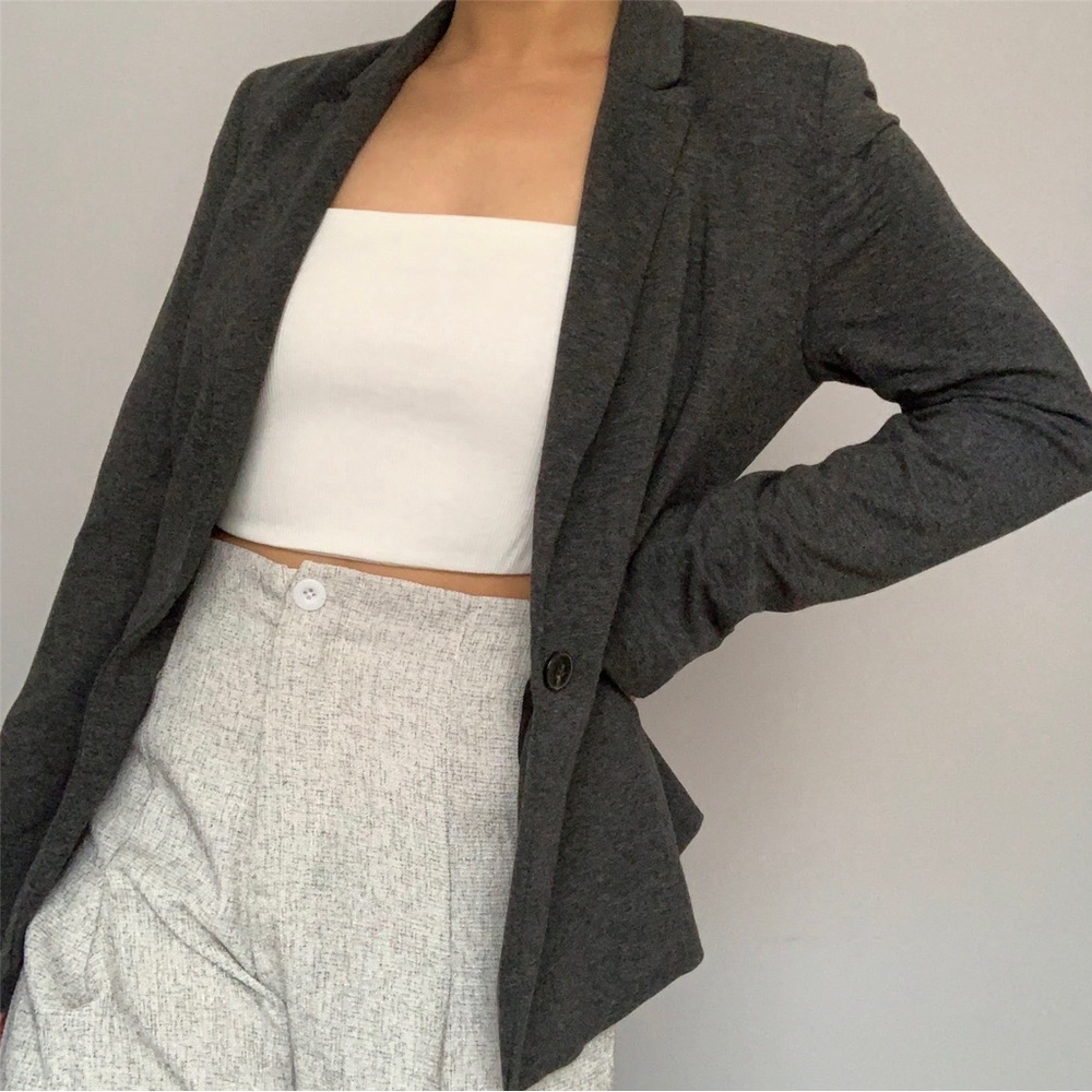 Classic Office Casual Long Sleeve Single Button Blazer Jacket in Dark Grey (XS)